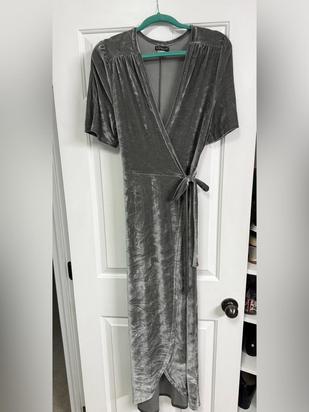 Stretch velvet hi-lo wrap dress